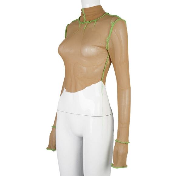 Medium New Mesh Tan Green Long Sleeve Crop Sheer Top Stitch Trim High Neck Y2K - Picture 4 of 9